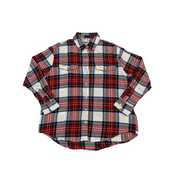 Old Navy Tops - Old Navy The Boyfriend Shirt White Tartan Plaid Flannel Button Down 751722-02 M